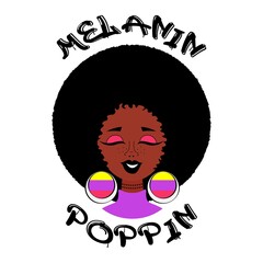 Melanin Poppin  isolated vector saying. T-shirt slogan and apparel design, print. Cartoon Young African American woman with beautiful hair and multi-colored earrings. Black lives matter.