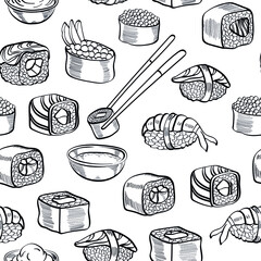 Suchi rolls, asian food, seafood, hand drawn vector seamless pattern isolated on bright background. Concept for menu, cards, print