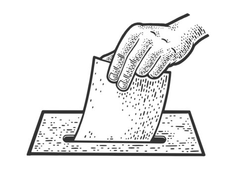 hand throws a ballot paper for elections sketch engraving vector illustration. T-shirt apparel print design. Scratch board imitation. Black and white hand drawn image.