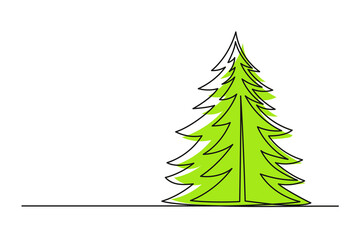 Continuous one line drawing of the Christmas tree. Christmas tree of green color isolated on white background. Vector illustration