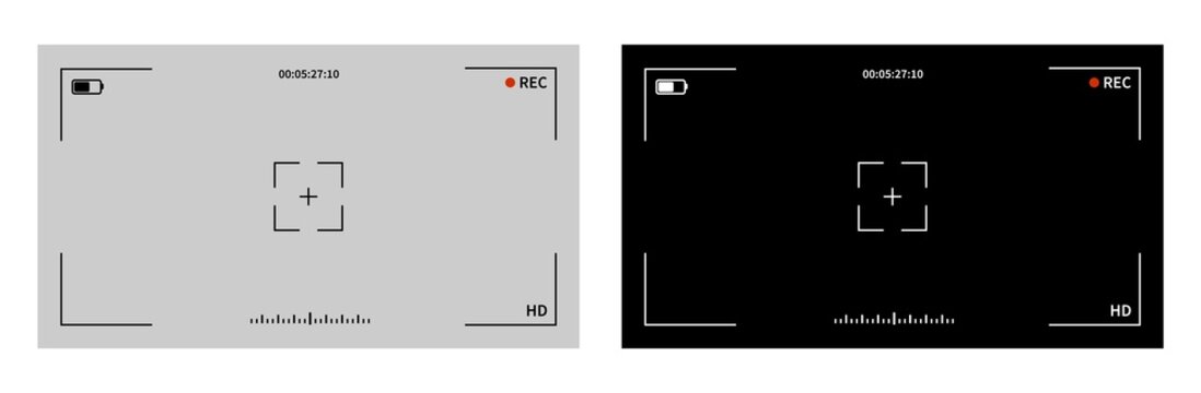 Camera viewfinder set vector.Recorder cam display, viewfinder ui for camera. Video camera focusing screen on grey and black background.Vector illustration