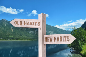 Alcohol addiction: what to choose - life with old bad habits or new good ones? Wooden signpost with...