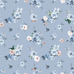 Watercolor vintage floral seamless pattern for fabric, dusty blue flowers background for nursery, kids apparel, home decor