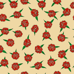 Seamless pattern of a design of a tattoo rose flower with red petals, green leaves and black borders with a beige background