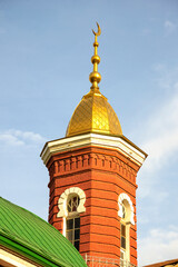 Minaret of the Central Mosque (Kyzyl Mosque) close-up. Astrakhan, Russia