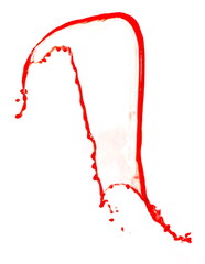 An abstract red splash created by throwing a red liquid into the air against a white background.