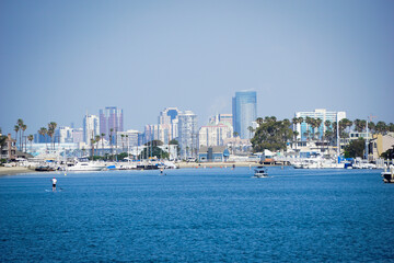 Alamitos Bay in California with Long Beach skyline in distance