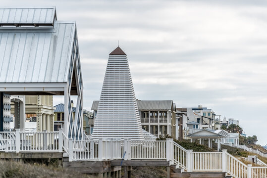 Seaside Florida cityscape of town with wooden pavilion tower new urbanism architecture on beach ocean with coastline in Florida