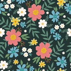 Seamless floral pattern. Fashionable background of pink, white and blue flowers and green leaves. flowers scattered on a dark green background. Stock vector for printing on surfaces and web design.
