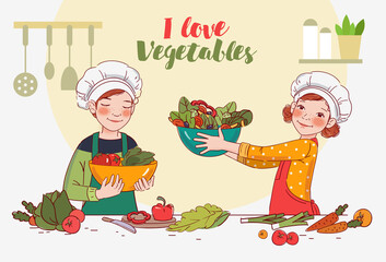 Cute girl and boy cooking salad in the kitchen