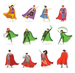 Vector illustrations in flat design of set of business , eco and classic Superheroes