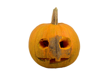 large ripe orange pumpkin with a face on a cut out background view two
