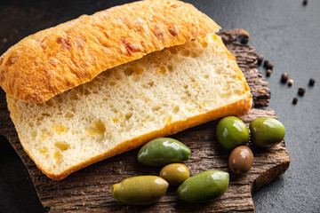 ciabatta fresh bread ready to eat meal snack on the table copy space food background rustic 