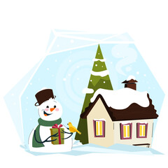 Christmas winter landscape . A snowman with a gift on the background of the house. Vector graphics for New Year's 