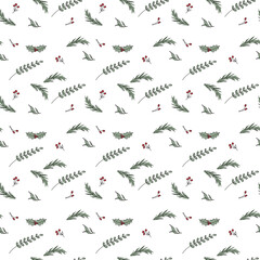 Merry Christmas seamless pattern with ilex, eucalyptus, pine for wallpaper, tradition xmas tradition gift paper, postcards and stickers