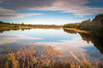 A sunny autumnal 3 shot HDR image of Loch Mhor in Stratherrick, near Loch Ness, Scotland.