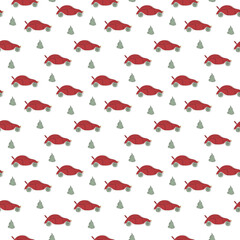 Merry Christmas seamless pattern with retro red car and xmas fir tree for wallpaper, tradition xmas tradition gift paper, postcards and stickers