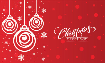 Merry christmas card with hanging balls decoration on a red background.