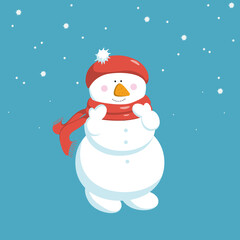 Happy snowman in a red hat with a pompom straightens his scarf.