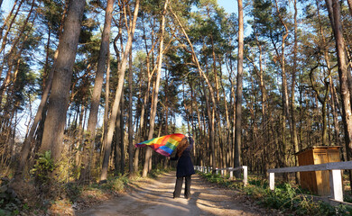 Lesbian, bisexual, woman, girl holding a rainbow LGBT flag in the forest in the month of pride and...