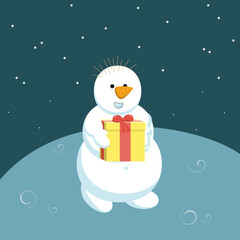 White snowman smiling with a christmas gift box in his hands.