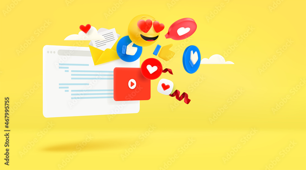 Poster social media concept with web icons and emojis. vector banner with copy space