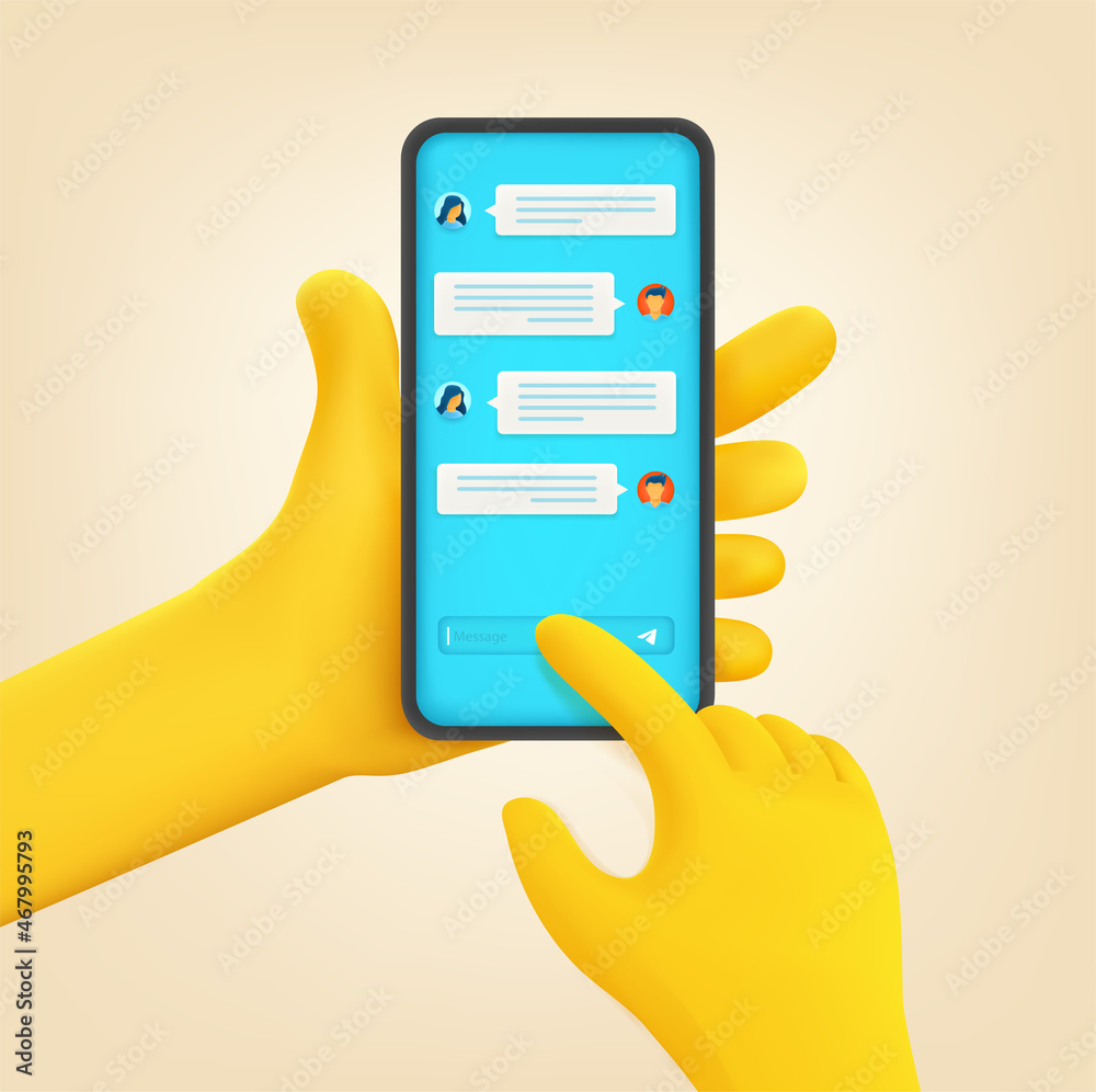 Poster man using smartphone to communicate with friends or collegues. cartoon style vector illustration