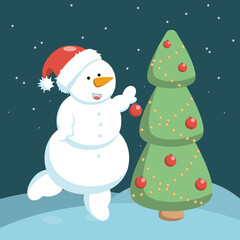 Cheerful snowman in a red hat decorates a Christmas tree.