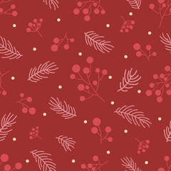 Fototapeta na wymiar Pink berries of rowan, fir branches, light snow on a red background. Seamless winter doodle pattern. Suitable for packaging, wallpaper.