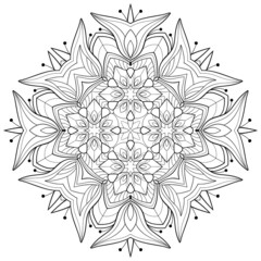 Floral mandala with striped patterns and henna elements on a white isolated background. For coloring book.