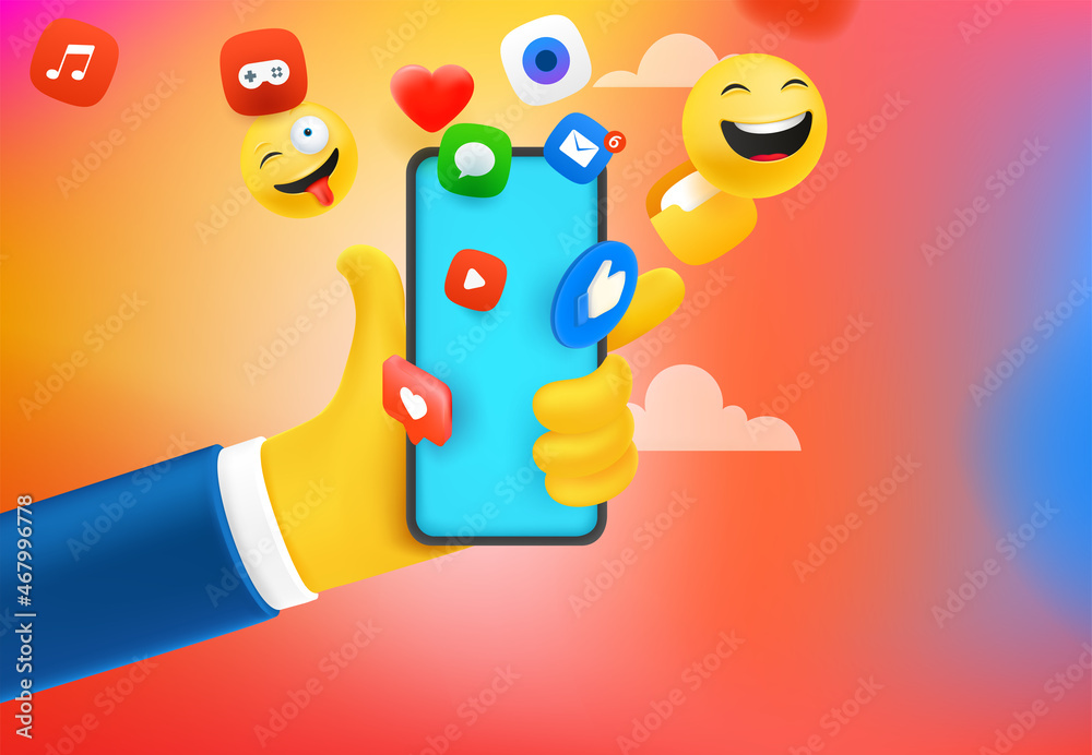 Poster Using social media applications via smartphone. Vector concept