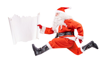 Santa Claus runs with the empty paper, isolated on a white background