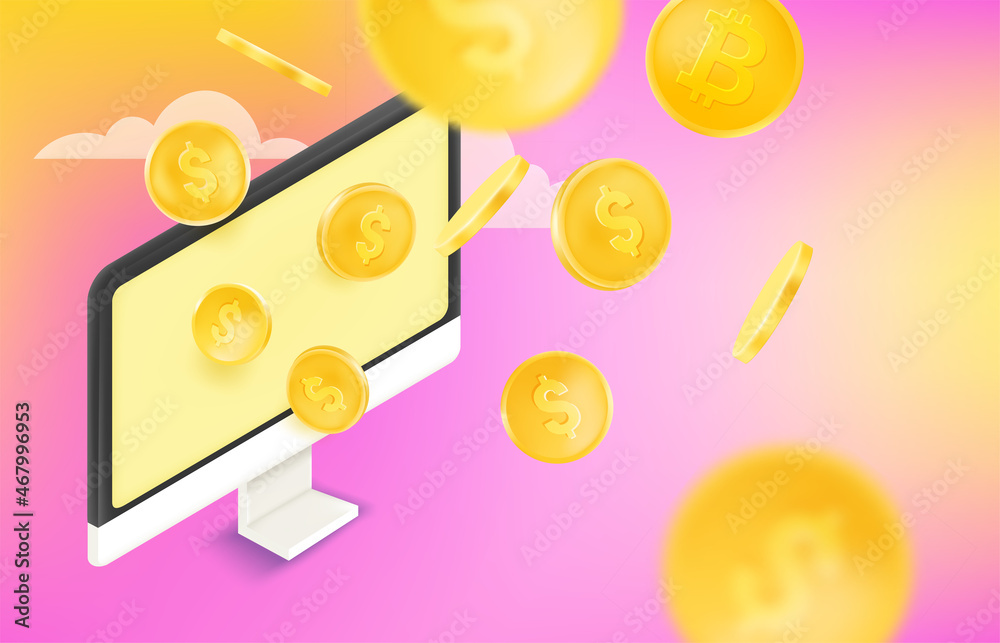 Poster receiving income using personal computer. vector concept with gold coins
