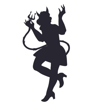 Halloween witch devil woman black silhouette with horns and tail, flat vector illustration isolated on white background. Black contour of woman in Halloween carnival  costume.