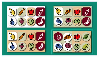 Linear icons of healthy food in color and variants of buttons