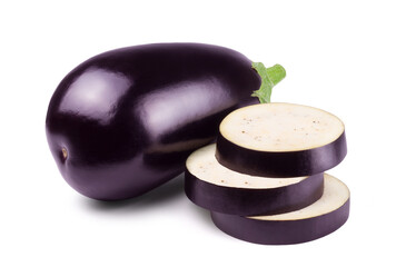 Ripe delicious eggplant and slices of eggplant isolated on white. Fresh vegetables.