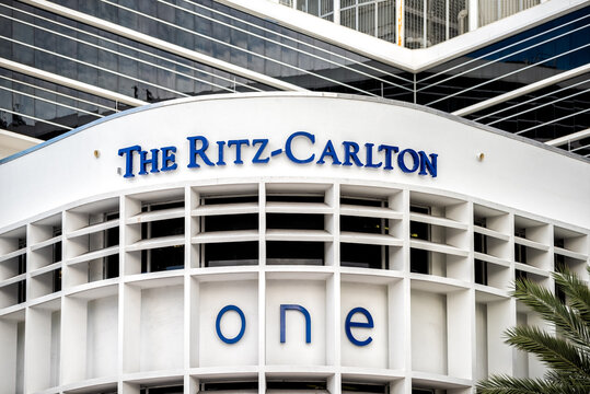 Miami Beach, USA - January 17, 2021: South Beach Lincoln road with The Ritz-Carlton Ritz Carlton One hotel resort spa on Collins Avenue near Ocean Drive Art Deco district