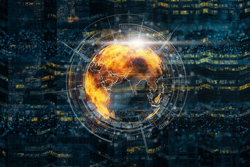 particle earth with technology network circle over cityscape background, technology and innovation concept