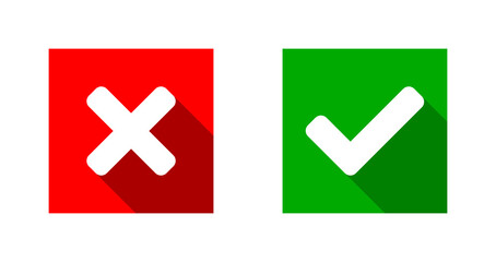 Yes and No or Right and Wrong or Approved and Declined Icons with Check Mark and X Signs with 3D Shadow Effect in Green and Red Squares with Rounded Corners. Vector Image.