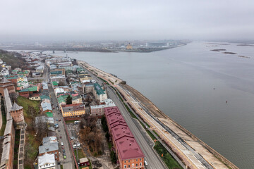 a panoramic view from a drone of the old part of the city with the Kremlin of Nizhny Novgorod on a...
