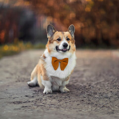 portrait of a cute corgi dog sitting in a sunny garden and smiling