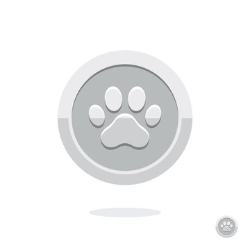 Silver game coin. Coin icon. Gold medal. Coin with the paw. Graphic user interface design element. Silver paw. Paw print. Imprint animal paw. Animal competition. Reward. Imprint animal. Quality mark. 