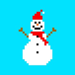 Fototapeta premium Funny pixel snowman. Christmas winter character in knitted hat and red scarf. Game congratulations on holiday and vector new year