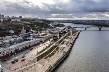 a panoramic view from a drone of the old part of the city with the Kremlin of Nizhny Novgorod on a cloudy autumn day 