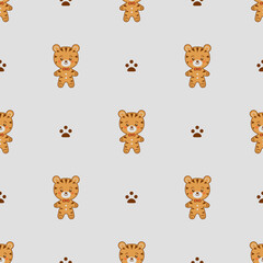 Seamless child pattern of cartoon gingerbread tiger animals for wrapper or wallpaper. Vector flat illustration
