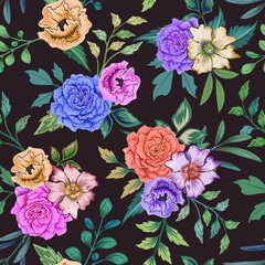 Elegant colorful seamless pattern with botanical floral design illustration.