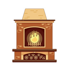 Flat illustration of fireplace with firewood and hot fire inside on white background.  The element of the interior living room. Home fireplace for comfort and relaxation.