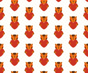 Cute tigers with hearts, stars, seamless pattern on white background. Hand drawn vector illustration. Flat style design. Concept kids textile, fashion print, wallpaper, packaging, 2022 New Year.