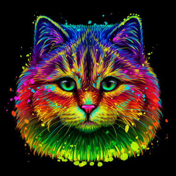 Cat. Abstract, neon portrait of a cat looking forward on a purple background in the style of pop art. Digital vector graphics