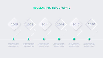 Neumorphic flow chart infographic. Creative concept for infographic with 6 steps, options, parts or processes.